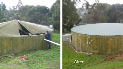 Tank roofing repair - before and after