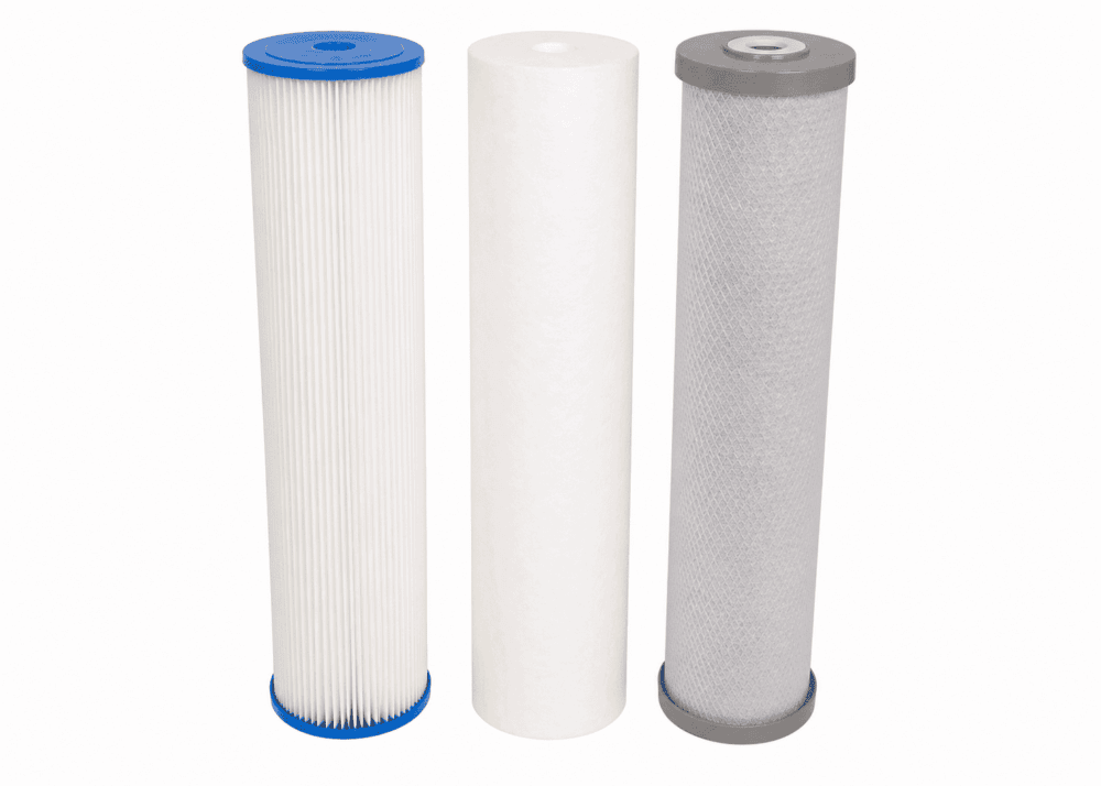 Triple 20″ x 4.5″ Filters. 10-Mic Pleated, 5-Mic Poly Spun, 5-Mic Silver Carbon for Rainwater.#21