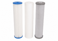 Triple 20″ x 4.5″ Filters. 10-Mic Pleated, 5-Mic Poly Spun, 5-Mic Silver Carbon for Rainwater.#21
