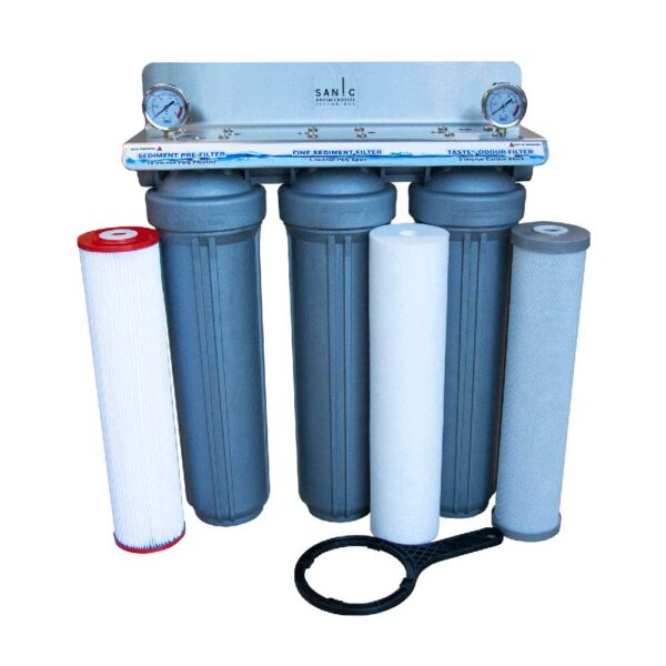 Triple Cartridge 20″ X 4.5″ Sanic Whole House Rainwater Filtration System with Inbuilt Antimicrobial Technology