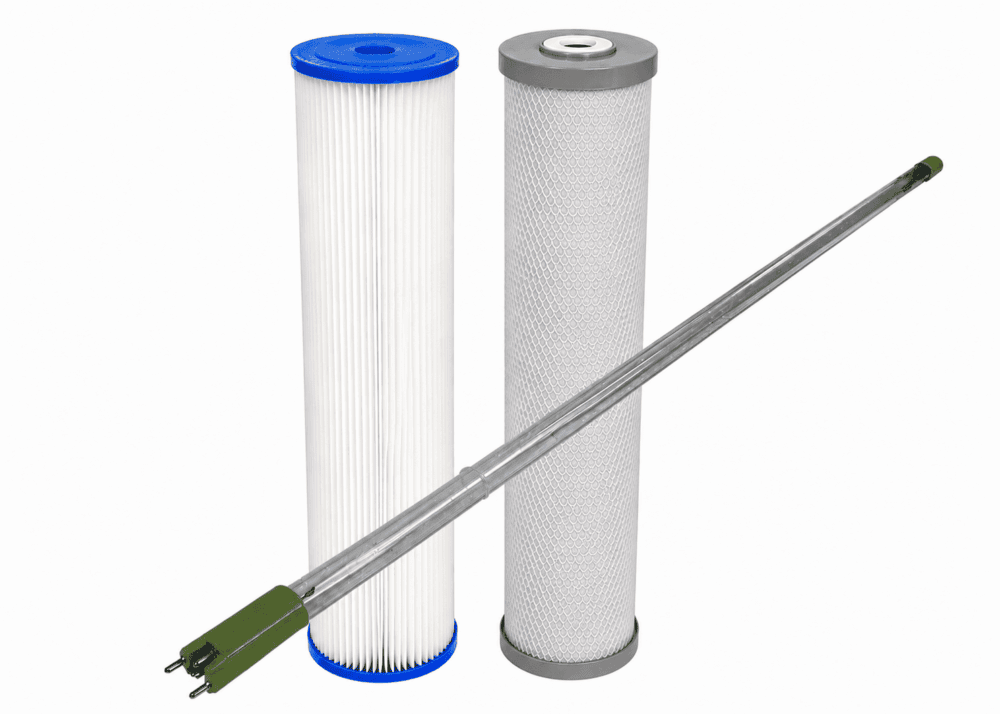 Twin 20″ x 4.5″ Filters. 10 micron pleated & 5 micron Silver Carbon + Luminor 41W UV #12