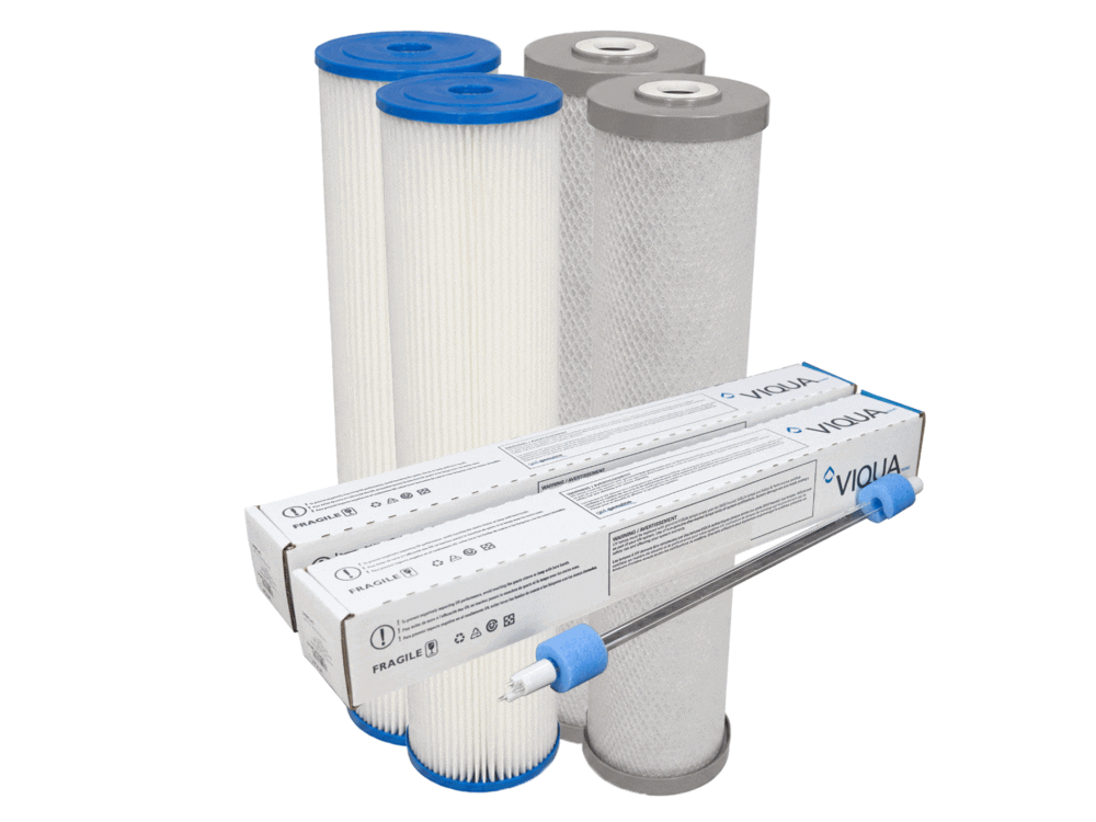 Twin 20″ x 4.5″ Filters (Silver Carbon for Rainwater)+ Viqua UV lamp x 2 Sets. #01A